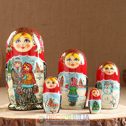 Матрёшка «Парочка», красный  платок,5 кукольная,  люкс