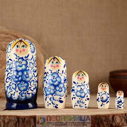 Матрёшка «Голубое платье», белый платок, 5 кукольная, 16 см