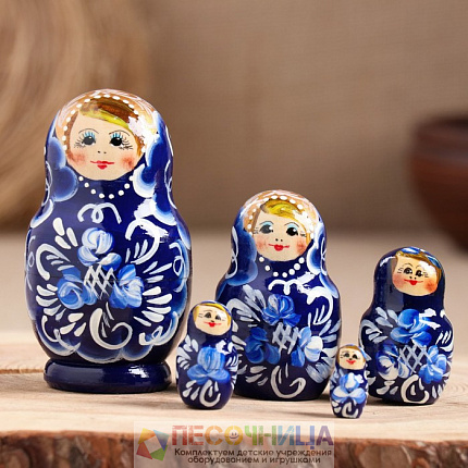 Матрёшка «Гжель», тёмно-синее платье, 5 кукольная, 10 см