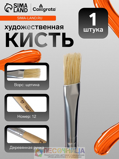 Кисть для рисования, щетина, № 12, плоская, деревянная ручка, международный размер