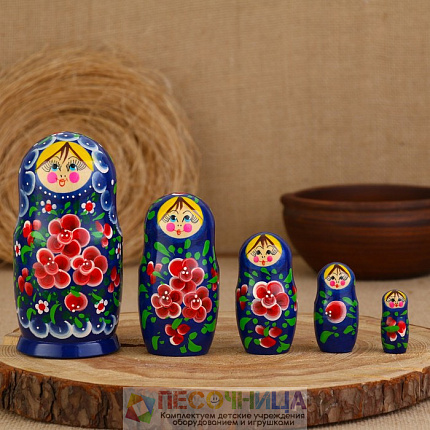 Матрешка "Цветы", синяя, 5 кукольная