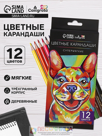 Карандаши , 12 цветов, супермягкие, диаметр грифеля 3 мм
