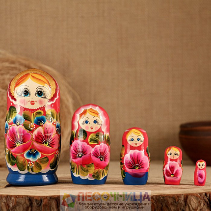 Матрёшка «Фиолетовые цветы», красное платье, 5 кукольная, 16 см
